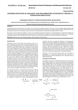 Synthesis and Study of Analgesic, Anti-Inflammatory Activities of 3-Methyl-5- Pyrazolone Derivatives