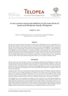 A New Country Record and Additions to the Moss Floras of Luzon and Mindanao Islands, Philippines