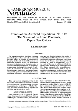 Results of the Archbold Expeditions. No. 1 12. the Snakes of the Huon Peninsula, Papua New Guinea