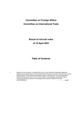 Committee on Foreign Affairs Committee on International Trade Result of Roll-Call Votes of 15 April 2021 Table of Contents