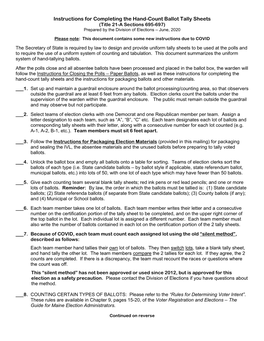 Instructions for Completing the Hand-Count Ballot Tally Sheets (Title 21-A Sections 695-697) Prepared by the Division of Elections – June, 2020