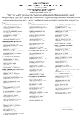 OBWIESZCZENIE POWIATOWEJ KOMISJI WYBORCZEJ W OLECKU Z Dnia 3 Listopada 2010 R