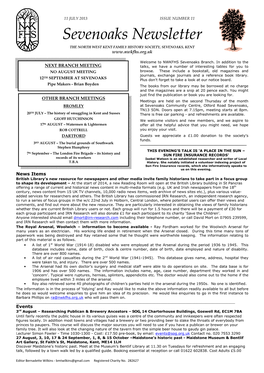 Sevenoaks Newsletter the NORTH WEST KENT FAMILY HISTORY SOCIETY, SEVENOAKS, KENT