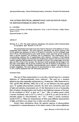 The Action Spectrum, Absorptance and Quantum Yield of Photosynthesis in Crop Plants