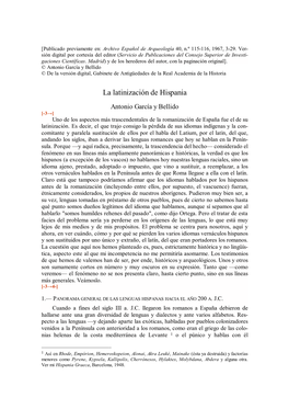 La Latinización De Hispania Antonio García Y Bellido [-3→] Uno De Los Aspectos Más Trascendentales De La Romanización De España Fue El De Su Latinización