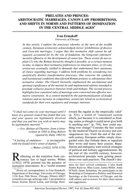 Prelates and Princes: Aristocratic Marriages, Canon Law Prohibitions, and Shifts in Norms and Patterns of Domination in the Central Middle Ages*