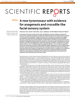 A New Tyrannosaur with Evidence for Anagenesis and Crocodile-Like Facial Sensory System Received: 04 October 2016 Thomas D