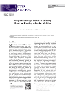 Non-Pharmacologic Treatment of Heavy Menstrual Bleeding in Persian Medicine