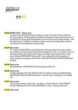 Voice Over Sunday at the Red Bull Ring in Austria, It’S Race 15 of the Formula Renault Eurocup Season