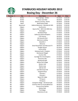 STARBUCKS HOLIDAY HOURS 2012 Boxing