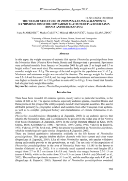 The Weight Structure of Phoxinellus Pseudalepidotus (Cyprinidae) from the Mostarsko Blato (Neretva River Basin, Bosnia and Herzegovina)