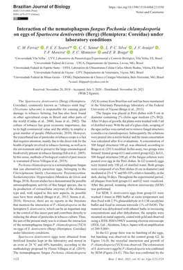 Interaction of the Nematophagous Fungus Pochonia Chlamydosporia on Eggs of Spartocera Dentiventris (Berg) (Hemiptera: Coreidae) Under Laboratory Conditions C