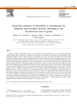 Anaerobic Oxidation of Thiosulfate to Tetrathionate by Obligately Heterotrophic Bacteria, Belonging to the Pseudomonas Stutzeri Group