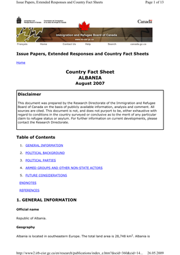 Country Fact Sheet ALBANIA August 2007