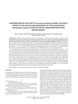 CONTRIBUTION on the STUDY of Isospora Hemidactyli CARINI, 1936 and a REPORT of an ADELEID PSEUDOPARASITE of the HOUSE GECKO Hemi