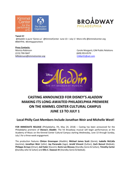 Casting Announced for Disney's Aladdin Making Its