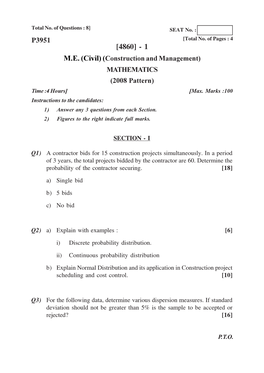 (Civil) (Construction and Management) MATHEMATICS (2008 Pattern) Time :4 Hours] [Max