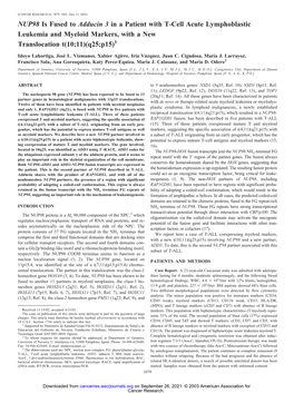 NUP98 Is Fused to Adducin 3 in a Patient with T-Cell Acute Lymphoblastic Leukemia and Myeloid Markers, with a New Translocation T(10;11)(Q25;P15)1