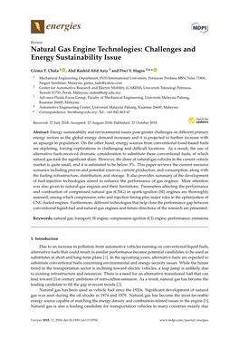 Natural Gas Engine Technologies: Challenges and Energy Sustainability Issue