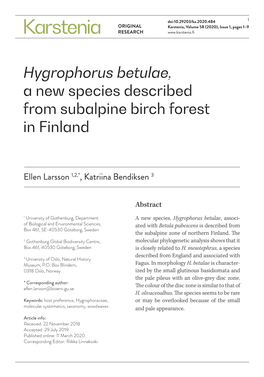 Hygrophorus Betulae, a New Species Described from Subalpine Birch Forest in Finland