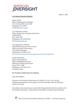 March 5, 2020 VIA EMAIL/ONLINE PORTAL Dionne Hardy Office of Management and Budget 725 17Th Street NW, Suite 9204 Washington, DC