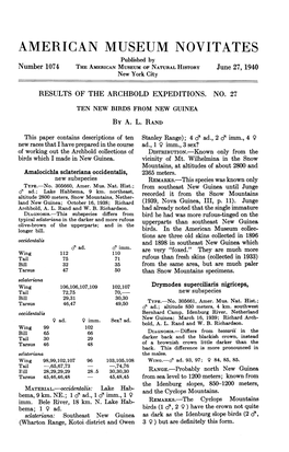 AMERICAN MUSEUM NOVITATES Published by Number 1074 the AMERICAN MUSEUM of NATURAL HISTORY June 27, 1940 New York City