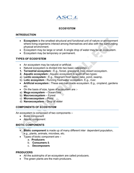 ECOSYSTEM INTRODUCTION • Ecosystem Is the Smallest Structural