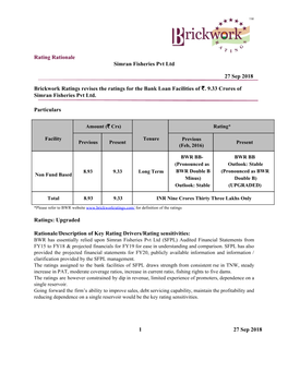 Rating Rationale Simran Fisheries Pvt Ltd 27 Sep 2018 Brickwork Ratings Revises the Ratings for the Bank Loan Facilities of ₹