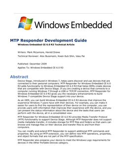 MTP Responder Development Guide Windows Embedded CE 6.0 R3 Technical Article