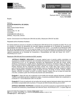 20200120152981* Para Contestar Cite: Radicado CRA N°: 20200120152981 Fecha: 16-12-2020 Bogotá