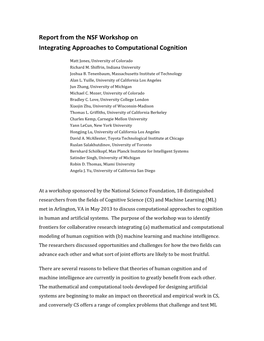 Report from the NSF Workshop on Integrating Approaches to Computational Cognition