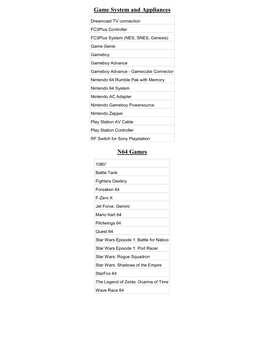 Game System and Appliances N64 Games