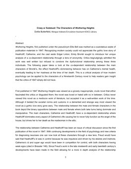 Crazy Or Subdued: the Characters of Wuthering Heights Dottie Butterfield, Morgue Indexer/Circulation Assistant KCKCC Library