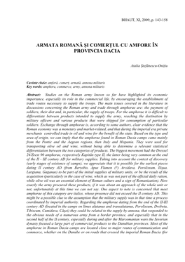 Armata Romană Şi Comerłul Cu Amfore În Provincia Dacia