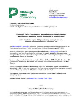 Pittsburgh Parks Conservancy, Mayor Peduto to Unveil Plan for Westinghouse Memorial Historic Restoration in Schenley Park