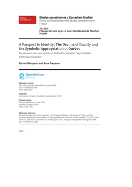 The Decline of Duality and the Symbolic Appropriation of Québec Un Passeport Pour Une Identité: Le Déclin De La Dualité Et L’Appropriation Symbolique Du Québec