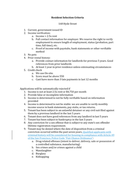 Resident Selection Criteria 168 Hyde Street 1. Current, Government