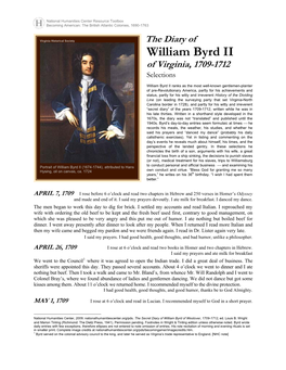 The Diary of William Byrd II of Virginia, 1709-1712, Selections