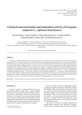 Chemical Characterization and Antioxidant Activity of Eryngium Campestre L., Apiaceae from Kosovo