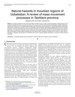 Natural Hazards in Mountain Regions of Uzbekistan: a Review of Mass Movement Processes in Tashkent Province Mukhiddin Juliev, Alim Pulatov, Johannes Hübl