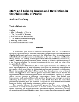 Marx and Lukács: Reason and Revolution in the Philosophy of Praxis
