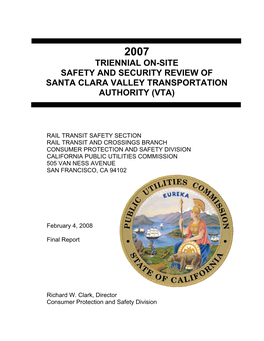 Triennial On-Site Safety and Security Review of Santa Clara Valley Transportation Authority (Vta)