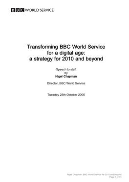 Transforming BBC World Service for a Digital Age: a Strategy for 2010 and Beyond