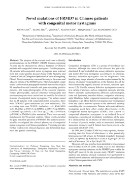 Novel Mutations of FRMD7 in Chinese Patients with Congenital Motor Nystagmus