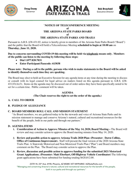 NOTICE of TELECONFERENCE MEETING of the ARIZONA STATE PARKS BOARD of the ARIZONA STATE PARKS and TRAILS Pursuant to A.R.S