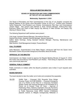 1 REGULAR MEETING MINUTES BOARD of RECREATION and PARK COMMISSIONERS of the CITY of LOS ANGELES Wednesday, September 4, 2019
