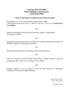 Uchwała XXV/419/2004 Rady Miejskiej W Kozienicach Z Dnia 02.09.2004R