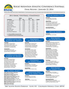 Rocky Mountain Athletic Conference Football Final Release | January 22, 2014