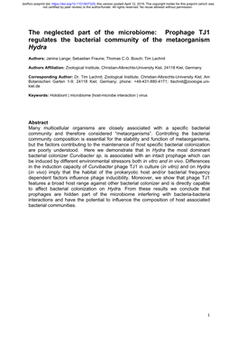 Prophage TJ1 Regulates the Bacterial Community of the Metaorganism Hydra