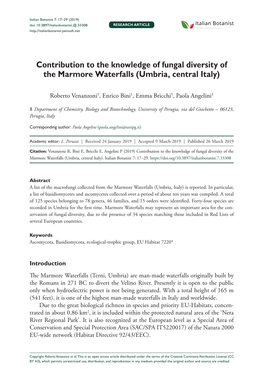 Contribution to the Knowledge of Fungal Diversity of the Marmore Waterfalls (Umbria, Central Italy)